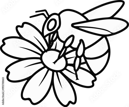 Line art of a bee collecting nectar from a daisy-like flower