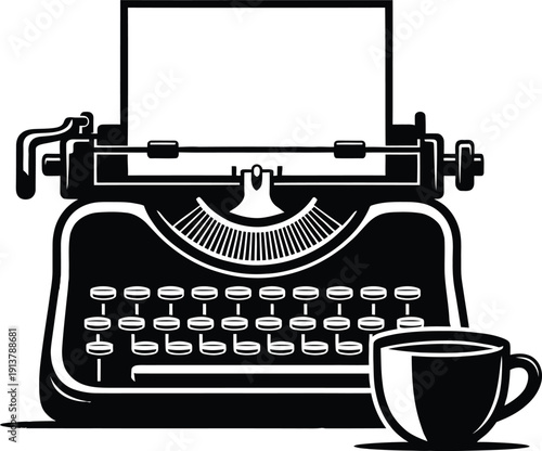 Vintage typewriter icon with a blank sheet of paper and a cup of coffee on a desk for storytelling journalism and creative writing concepts.