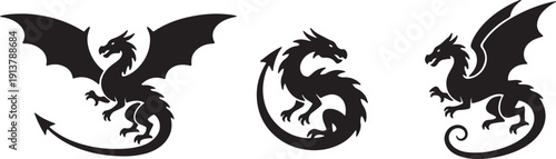 Three black dragon silhouettes with devil tails on white background also transparent background dragons