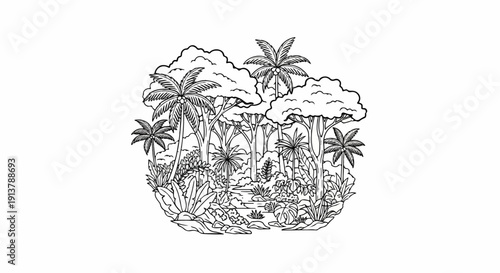 Lush tropical foliage with palm trees and a winding stream