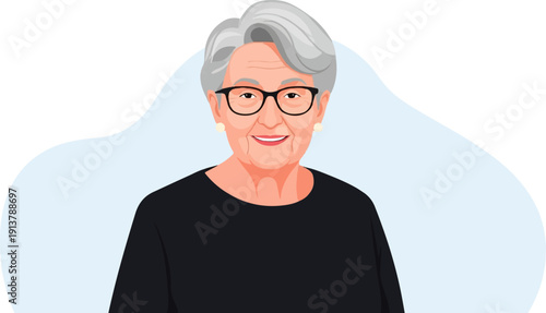 Pleasant woman with gray hair and glasses smiles gently