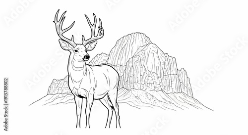 Majestic buck with large antlers stands before a rugged mountain landscape