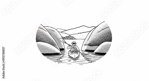 Person kayaking through a narrow water passage between rocky hills