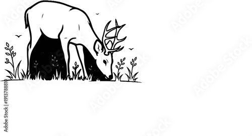 Line art of a deer grazing peacefully amidst tall grass and plants