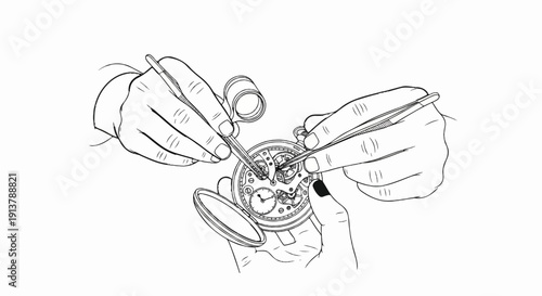 Precision watch repair using tweezers and a loupe on intricate clockwork