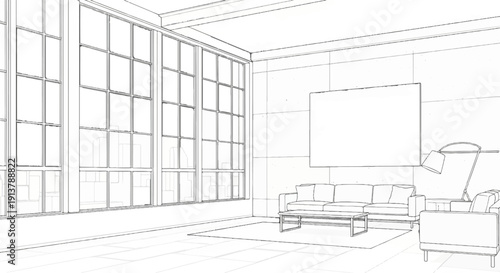 Modern interior sketch with large windows, sofa, coffee table, and floor lamp