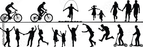 Active family silhouettes set, parents and children cycling skipping jumping and scootering, happy outdoor lifestyle vector illustration collection
