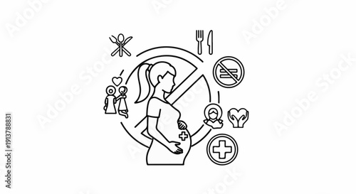 Pregnant woman with symbols of healthy living, family, and care