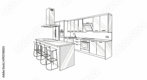 Modern kitchen sketch with island, stools, and integrated appliances
