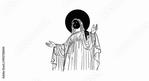 Line art of a draped figure with open arms and a dark halo