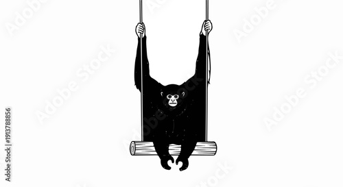 Primate swings from ropes, black and white illustration