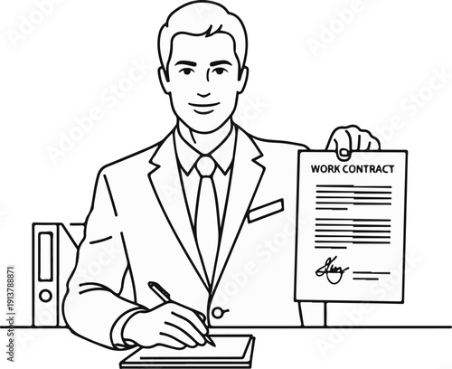 Professional man in suit presents work contract for signing at desk