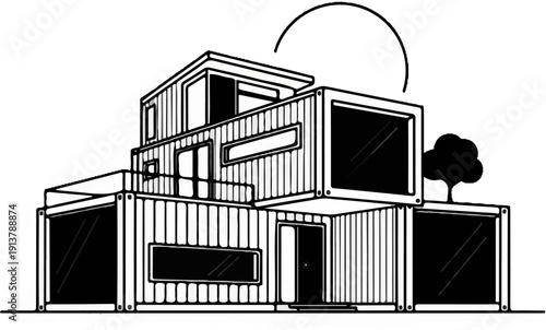 Modern multi-story house constructed from shipping containers