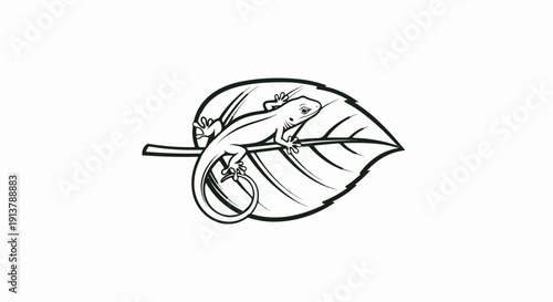 Line art of a gecko resting on a large leaf