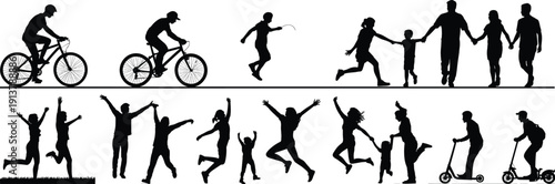 Active family silhouettes set, people cycling jumping running and scootering, happy parents and children outdoor activity vector illustration