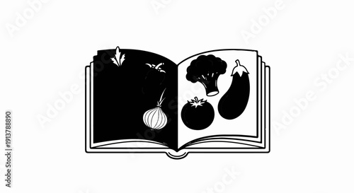 Open book with vegetable illustrations on pages
