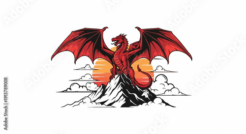 Majestic red dragon perches atop a rocky peak at sunset, wings spread wide