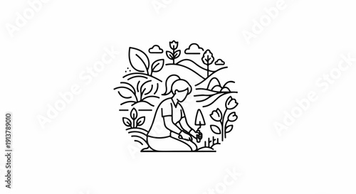 Person planting flowers and plants in a garden with rolling hills