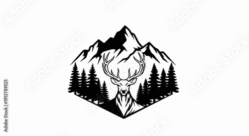 Majestic stag in a forest scene with mountains in background