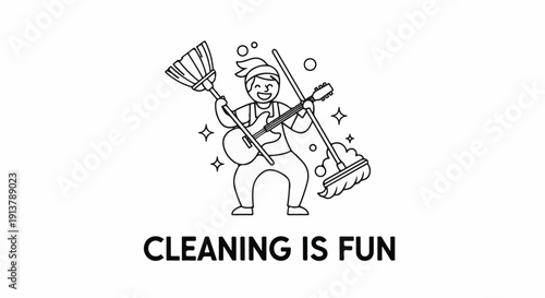 Person playing guitar with broom and mop, stars, bubbles, text