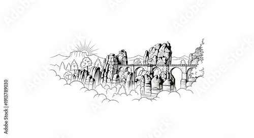 Majestic rock formations with a stone bridge spanning between them under a sunrise