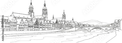 River flows through a historic town with ornate architecture and a stone bridge