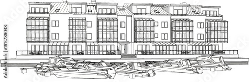 Modern waterfront residences with docked boats, a sketch