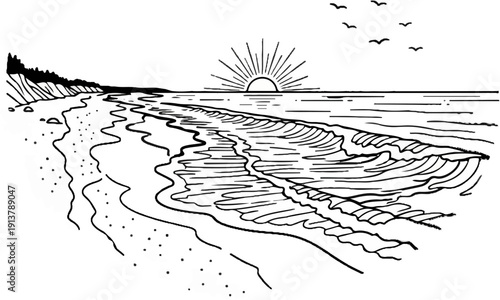 Line art of a serene beach scene with waves, sun, and birds flying