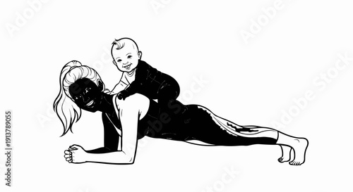Mom doing plank exercise with baby on her back