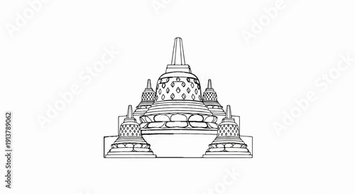 Monochromatic sketch of a tiered ancient temple structure with multiple stupas