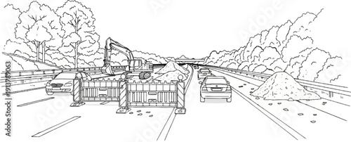 Road construction with excavator and vehicles on highway lanes