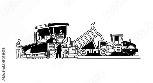 Road construction with paver, dump truck, and roller