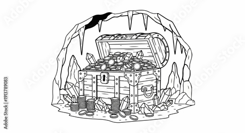 Open treasure chest overflowing with coins and crystals inside a cave