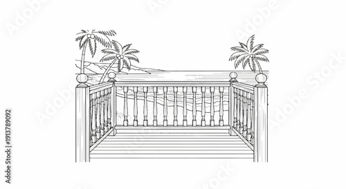 Ornately balustraded deck overlooks a tropical beach with palm trees