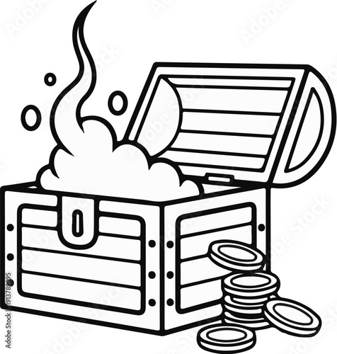 Open treasure chest overflowing with coins and magical smoke