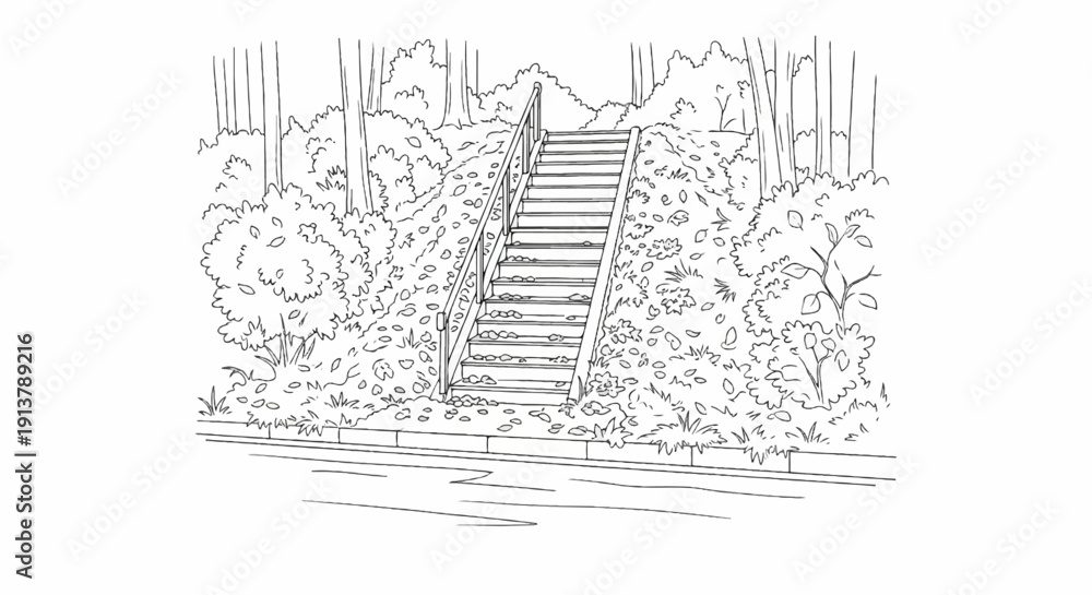 Fototapeta premium Outdoor stairs lined with trees and bushes covered in fallen leaves