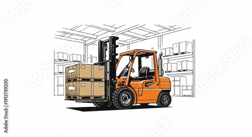 Orange forklift lifts stacked boxes in a warehouse
