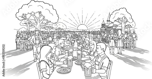 Outdoor festival with people dining, drinking, and enjoying a sunny day