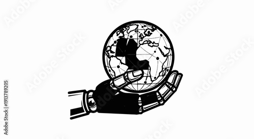 Robotic hand cradling a stylized globe with interconnected nodes