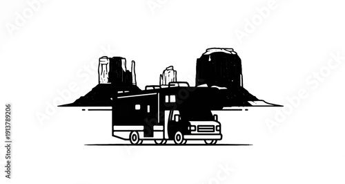 Monochrome RV travels through a desert landscape with rock formations