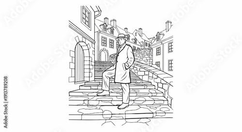 Man in a hat and coat stands on stone stairs in an old European town