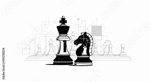 Silhouette king and knight chess pieces confront on abstract tech board