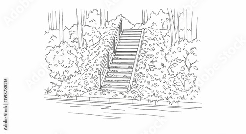 Outdoor stairs lined with trees and bushes covered in fallen leaves