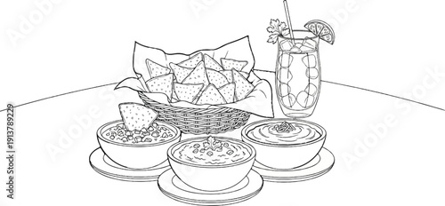Line art of nachos, dips, and a refreshing drink on a table