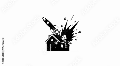 Rocket blasts off from a house, causing destruction and debris