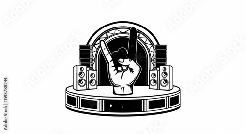 Rock concert stage setup with hand gesture and sound equipment
