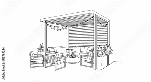 Outdoor patio area with seating, fire pit, string lights, and plants