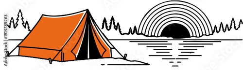 Orange tent at campsite by water with rainbow