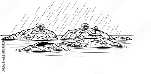 Rocky islands with sparse trees endure a downpour