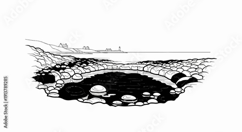 Rocky shoreline with a tidal pool, distant houses, and a lighthouse